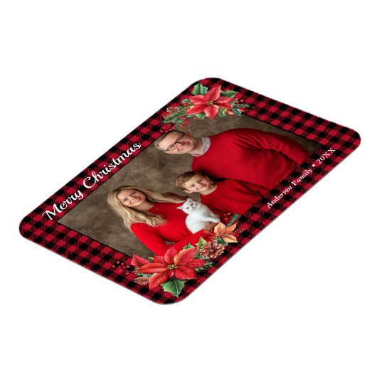 クリスマスポインセチア水牛のプレイドファミリー写真 マグネット (左側)