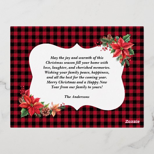 クリスマスポインセチア水牛のプレイドファミリー写真 箔シーズンポストカード (裏面)