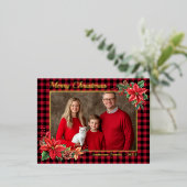 クリスマスポインセチア水牛のプレイドファミリー写真 箔シーズンポストカード (立ち正面)