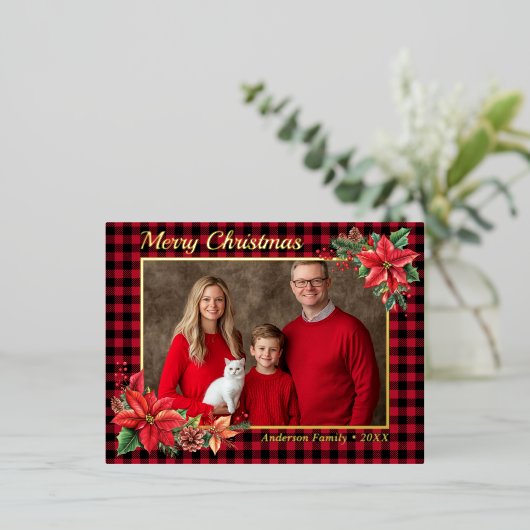 クリスマスポインセチア水牛のプレイドファミリー写真 箔シーズンポストカード (立ち正面)