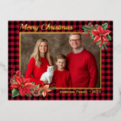 クリスマスポインセチア水牛のプレイドファミリー写真 箔シーズンポストカード (正面)