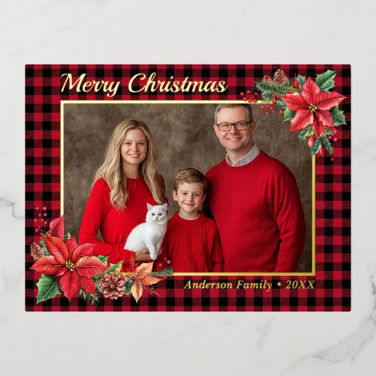 クリスマスポインセチア水牛のプレイドファミリー写真 箔シーズンポストカード (正面)
