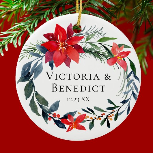 クリスマスポインセチア結婚フローラのカップル写真 セラミックオーナメント