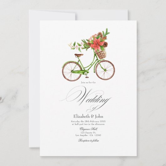 クリスマスポインセチア自転車 冬の結婚式のチャーム 招待状 (正面)