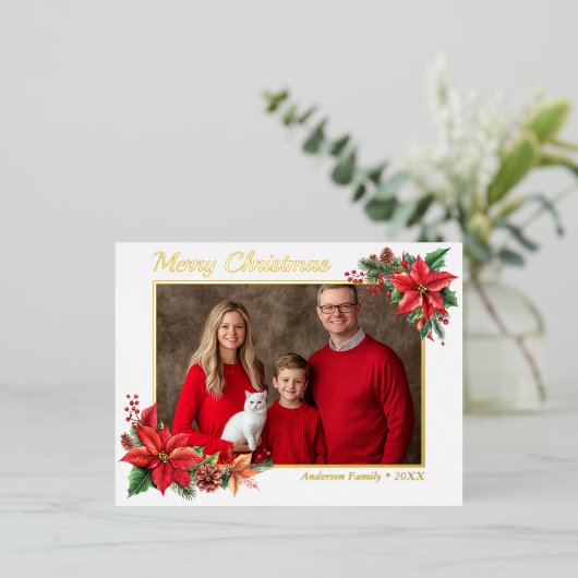 クリスマスポインセチア花家族の写真 箔シーズンポストカード (立ち正面)