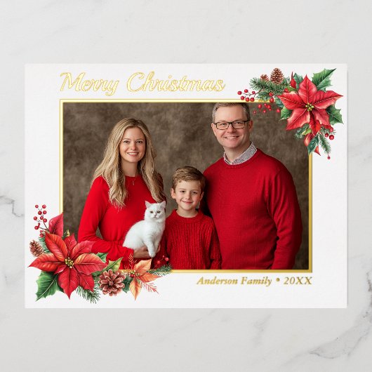 クリスマスポインセチア花家族の写真 箔シーズンポストカード (正面)