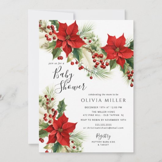 クリスマスポインセチア花赤ちゃんシャワー 招待状 (正面)