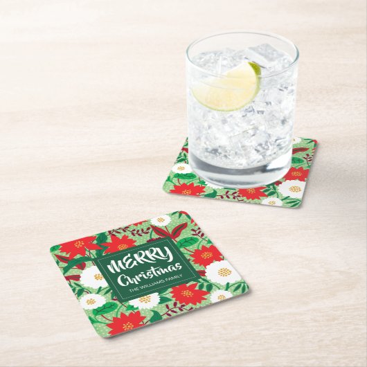 クリスマスポインセチア赤白フローラモノグラム スクエアペーパーコースター (インサイチュ)