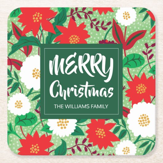 クリスマスポインセチア赤白フローラモノグラム スクエアペーパーコースター (正面)
