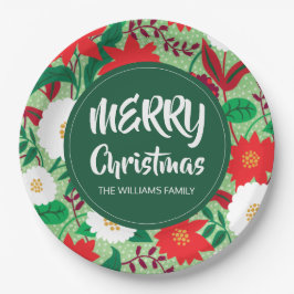 クリスマスポインセチア赤白フローラモノグラム ペーパープレート