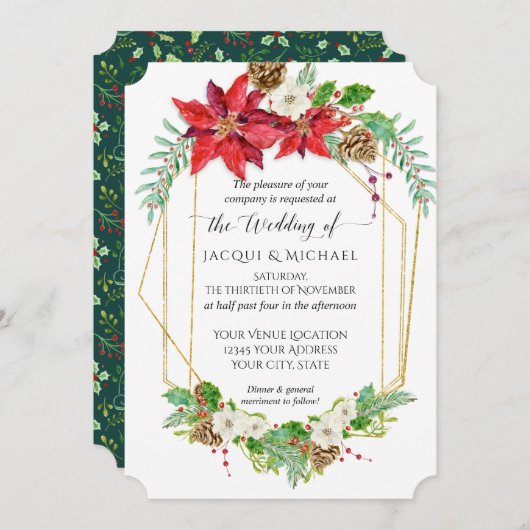 クリスマスポインセチア赤金ゴールドテラリウム水彩 招待状 (正面/裏面)