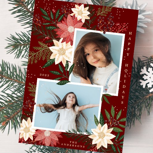 クリスマスポインセチア輝く写真コラージュ シーズンカード