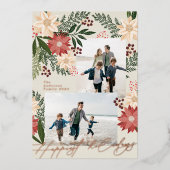 クリスマスポインセチア輝く写真コラージュ 箔シーズンカード (正面)
