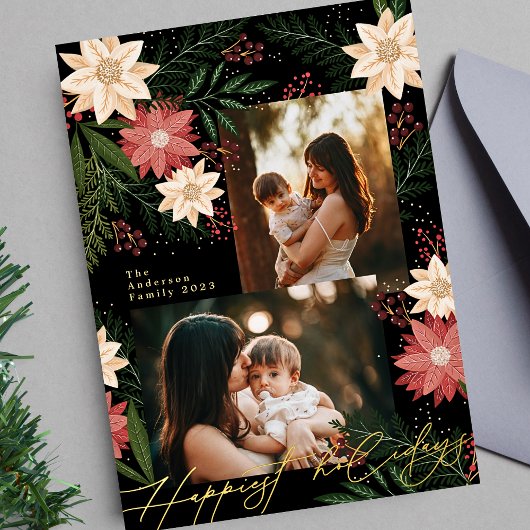クリスマスポインセチア輝く写真コラージュ 箔シーズンカード