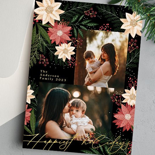クリスマスポインセチア輝く写真コラージュ 箔シーズンカード