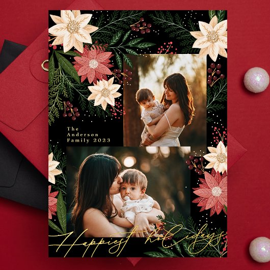 クリスマスポインセチア輝く写真コラージュ 箔シーズンカード