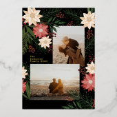 クリスマスポインセチア輝く写真コラージュ 箔シーズンカード (正面)
