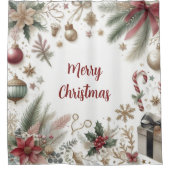 クリスマスポインセチア金ゴールドスノーフレークと緑 シャワーカーテン (正面)