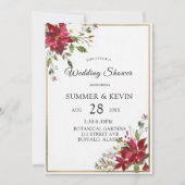 クリスマスポインセチア金ゴールドフレームウェディングシャワー 招待状 (正面)