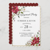 クリスマスポインセチア金ゴールドフレーム婚約パーティ 招待状 (正面/裏面)