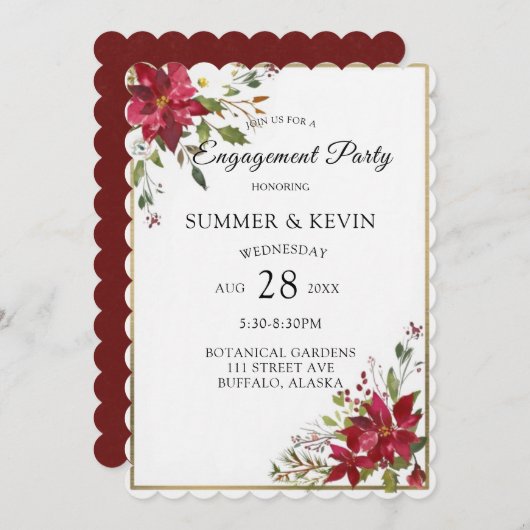 クリスマスポインセチア金ゴールドフレーム婚約パーティ 招待状 (正面/裏面)