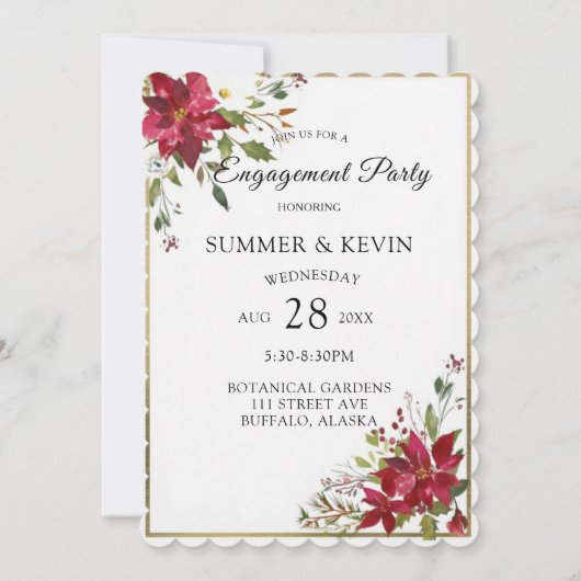 クリスマスポインセチア金ゴールドフレーム婚約パーティ 招待状 (正面)