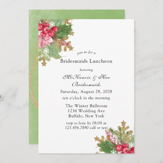 クリスマスポインセチア金ゴールドブリデスメイドランチョン 招待状 (正面/裏面)