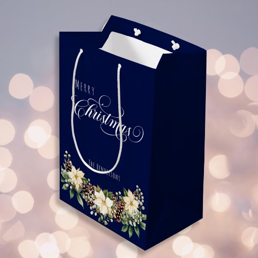 クリスマスポインセチア青 ミディアムペーパーバッグ
