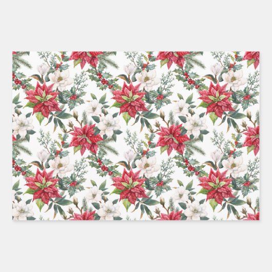 クリスマスポインセチア、椿の花と果実 ラッピングペーパーシート (正面)