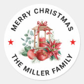 クリスマスポインセチア、赤りんご、金ゴールドランタン ラウンドシール (正面)
