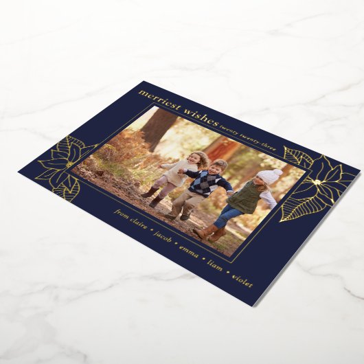 クリスマスポインセチア | 1 Photo Navy Blueと金ゴールド 箔シーズンカード (回転した状態)