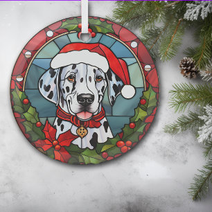 クリスマスポインセチアSanta Dalmatian犬 ガラスオーナメント