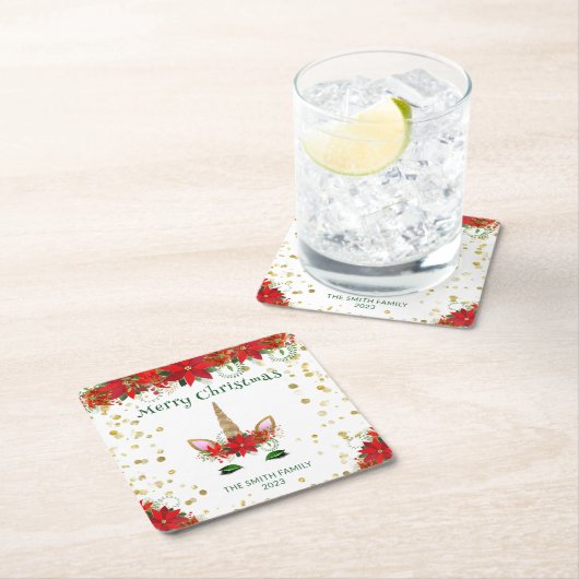 クリスマスポインセチアUnicornと緑のフォントパーティー スクエアペーパーコースター (インサイチュ)