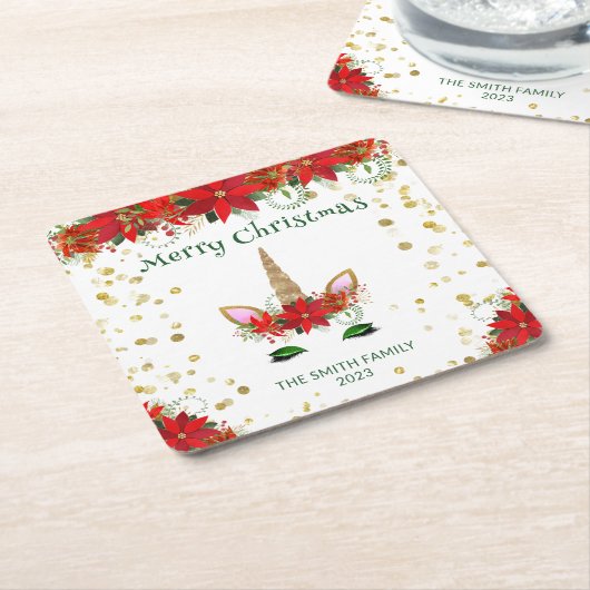 クリスマスポインセチアUnicornと緑のフォントパーティー スクエアペーパーコースター (アングル)