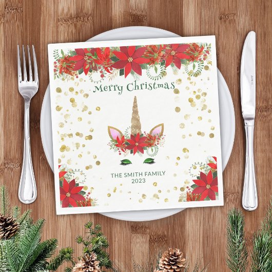 クリスマスポインセチアUnicornと緑のフォントパーティー スタンダードランチョンナプキン