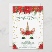 クリスマスポインセチアUnicornと緑のフォントパーティー 招待状 (正面)
