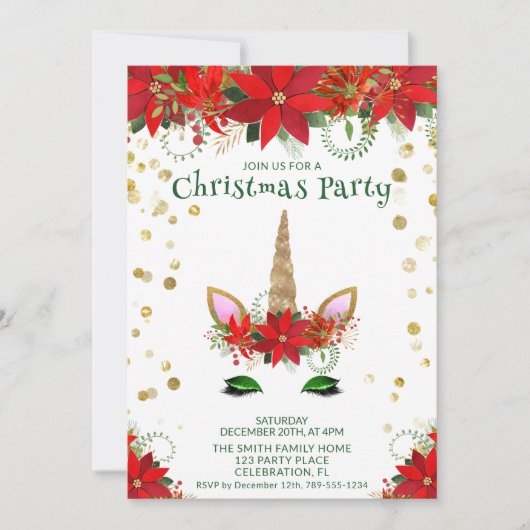 クリスマスポインセチアUnicornと緑のフォントパーティー 招待状 (正面)