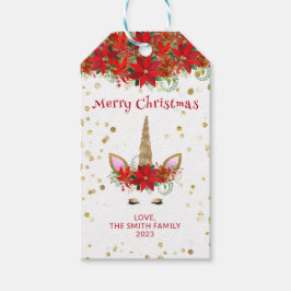 クリスマスポインセチアUnicornと赤フォントパーティー ギフトタグ