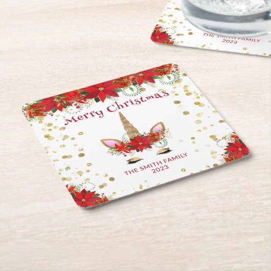 クリスマスポインセチアUnicornと赤フォントパーティー スクエアペーパーコースター (アングル)