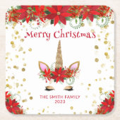 クリスマスポインセチアUnicornと赤フォントパーティー スクエアペーパーコースター (正面)