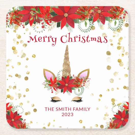 クリスマスポインセチアUnicornと赤フォントパーティー スクエアペーパーコースター (正面)