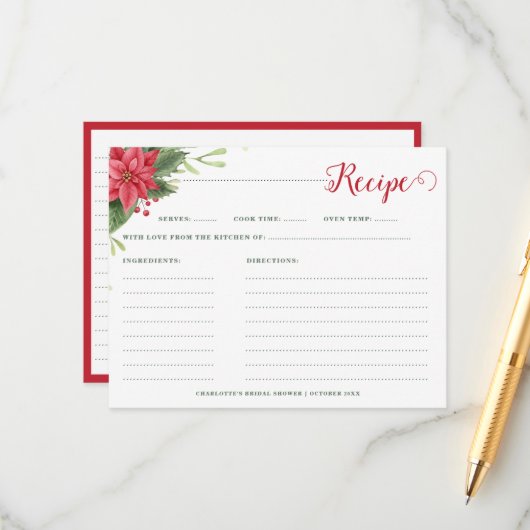 クリスマスポインセティアウィンターブライダルシャワーレシピ エンクロージャーカード (正面/裏面インサイチュ)