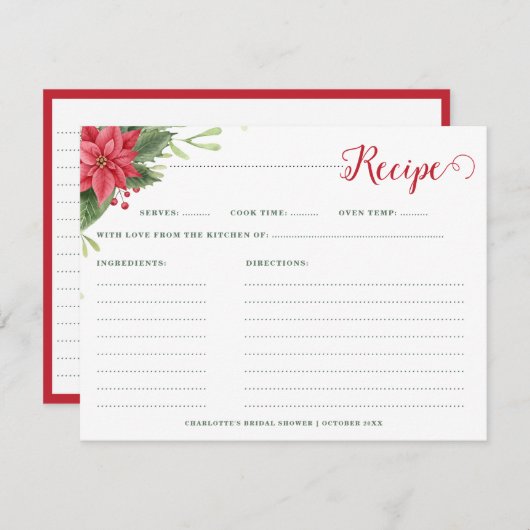 クリスマスポインセティアウィンターブライダルシャワーレシピ エンクロージャーカード (正面/裏面)