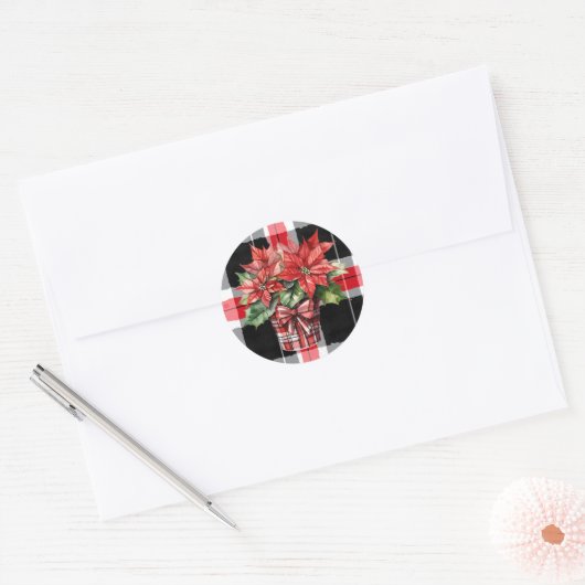 クリスマスポインセティアウォーターカラーフェスティバルホリデイ ラウンドシール (封筒)