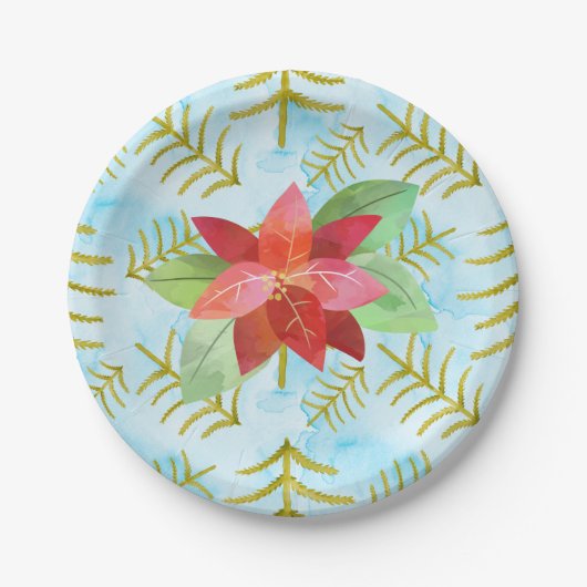 クリスマスポインセティアウォーターカラーフローラホリデイ ペーパープレート (正面)