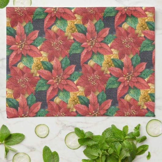 クリスマスポインセティアスホリデイ キッチンタオル (折り畳み)