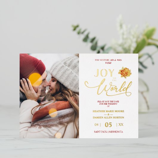 クリスマスポインセティアスリース写真MR&MRS写真 箔シーズンカード (立ち正面)