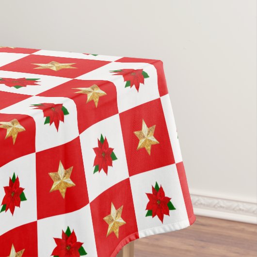 クリスマスポインセティアス&スターオンレッド&ホワイト テーブルクロス (インサイチュ)