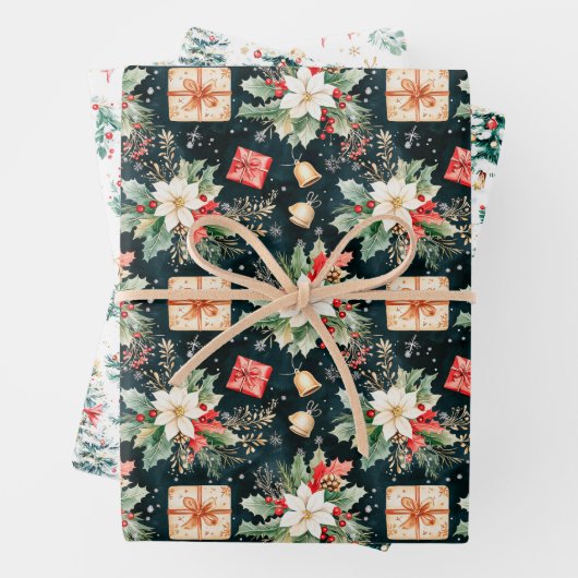 クリスマスポインセティアス、木とリース ラッピングペーパーシート (インサイチュ)