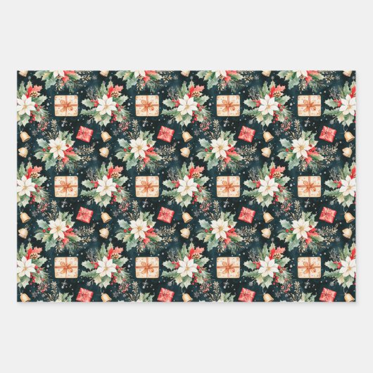 クリスマスポインセティアス、木とリース ラッピングペーパーシート (正面)